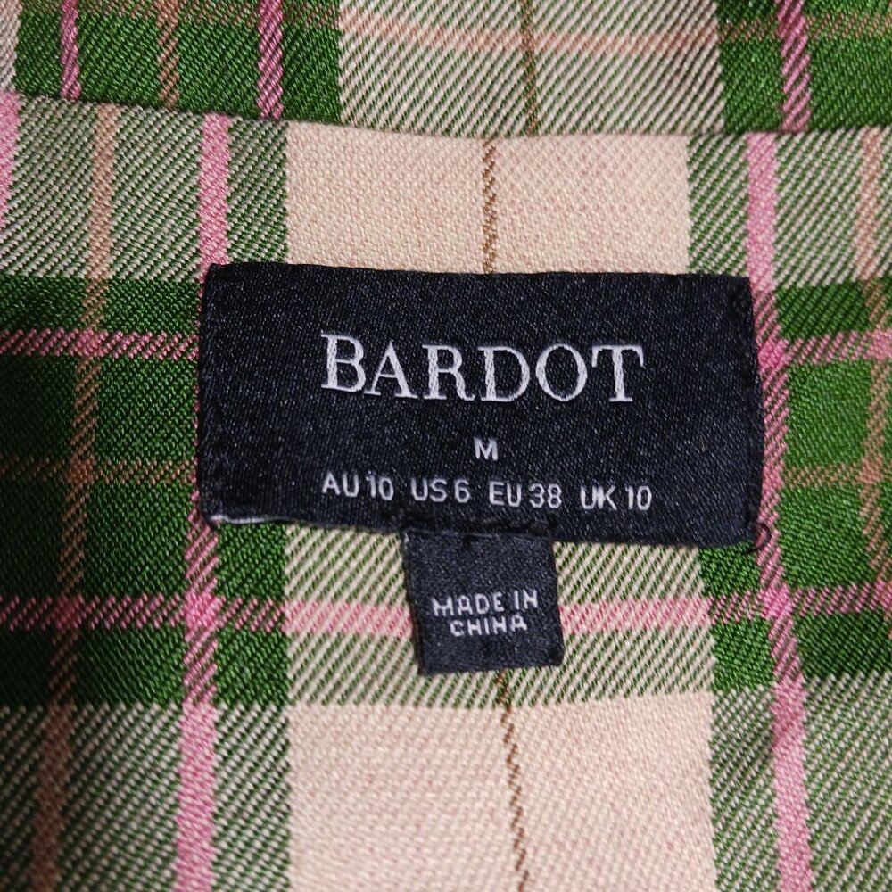 Bardot, Plaid Long Blazer Jacket Green & Soft Gold, Pink Highlight Medium Preppy - Picture 2 of 15